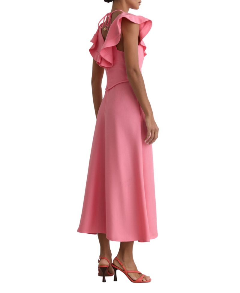Women's Ruffle Tie-Neck Keyhole Midi Dress