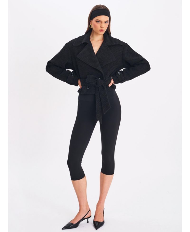 Women's Dara Black Wool Blend Cropped Double-Breasted Belted Coat