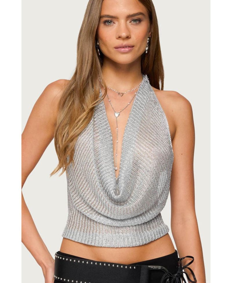 Women's Shiny Knit Cowl Neck Backless Top