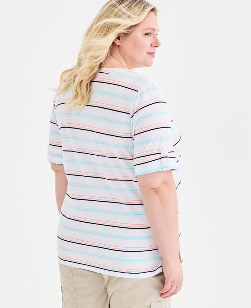 Plus Size Printed Roll-Tab Split-Neck Elbow-Sleeve Tunic