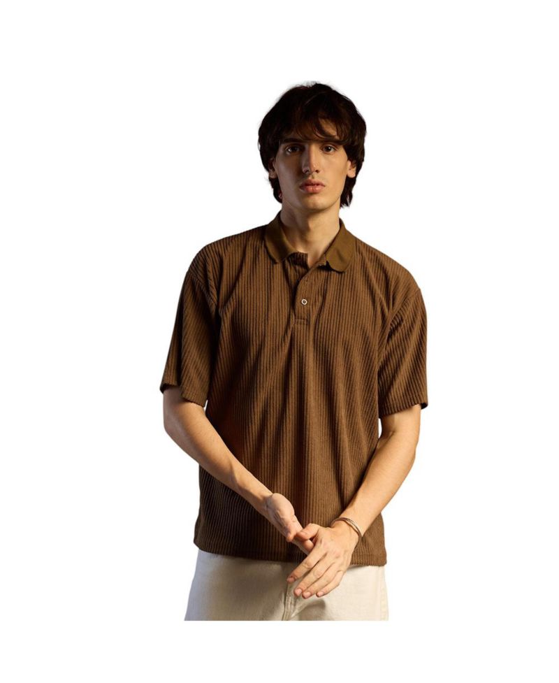 Men's Chocolate Brown Ribbed Oversized Polo T-Shirt