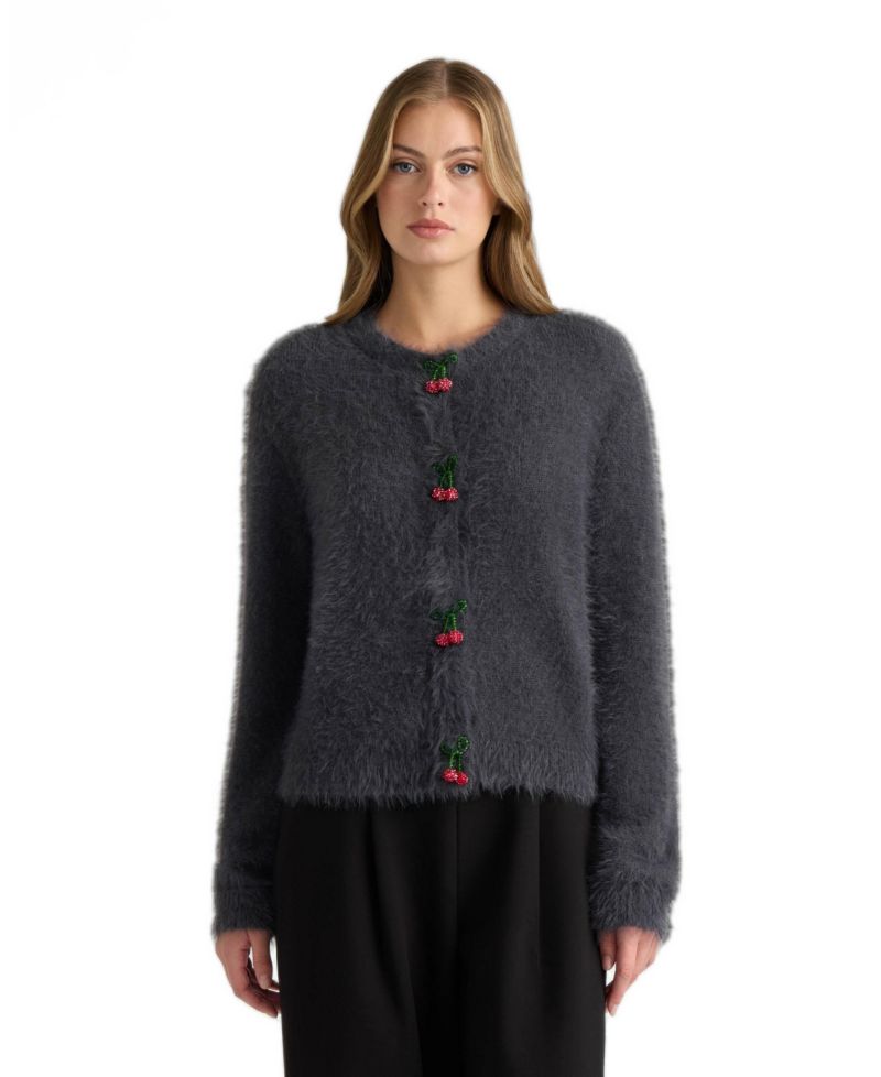 Women's Cherry Long-Sleeve Crew-Neck Cardigan
