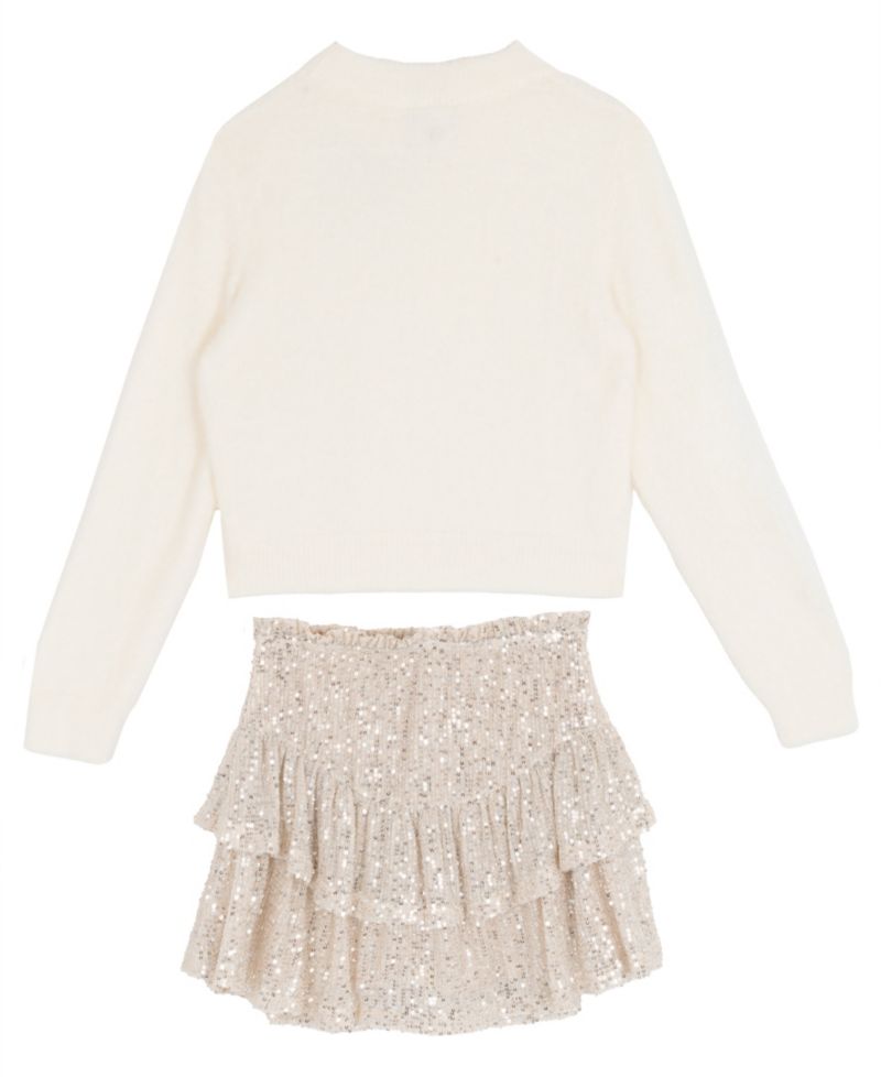 Girls' 7-16 Long-Sleeve Bow-Appliqu&eacute; Sequin Sweater and Skort, 2-Piece Set