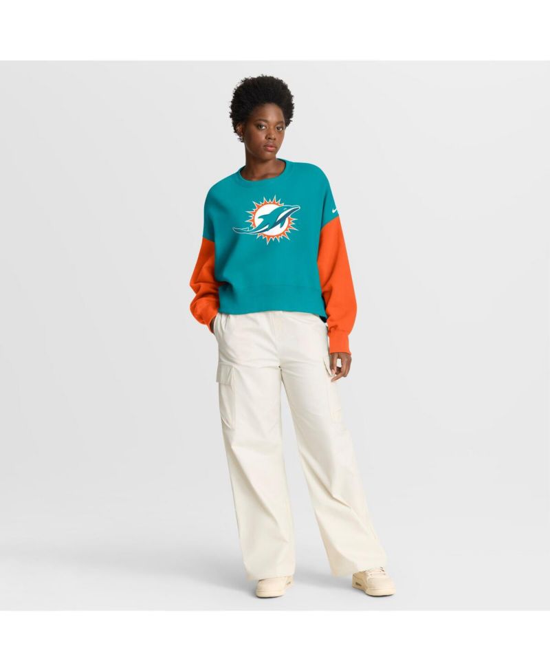 Women's Aqua Miami Dolphins Oversized Color-Block Pullover Sweatshirt