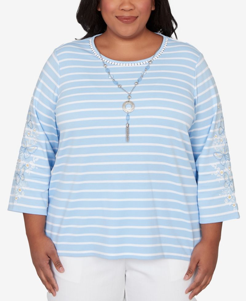 Plus Size Classic Stripe Cornflower Embroidered Sleeve Top with Necklace