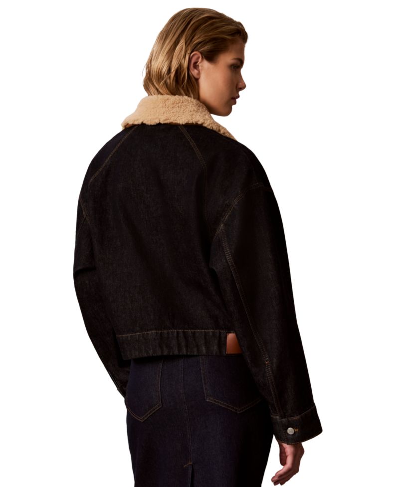 Women's Cropped Shearling-Collar Denim Jacket