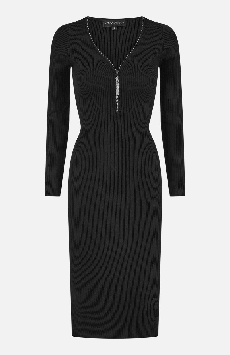 Women's Ribbed Zip-Neckline Fitted Midi Dress