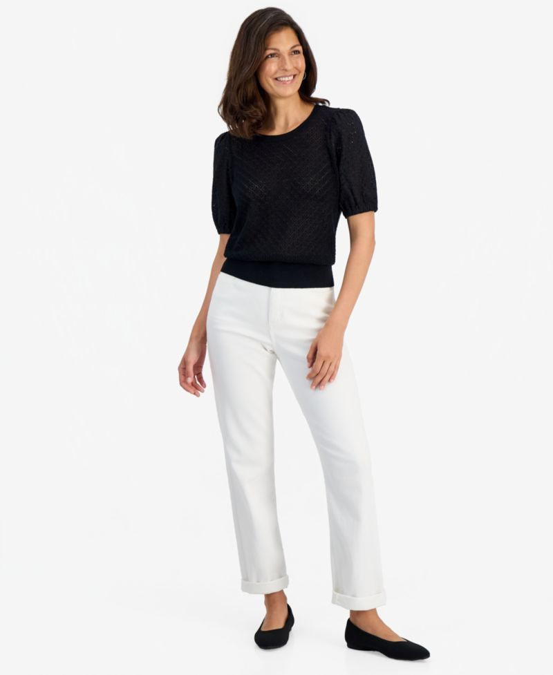 Women's Mixed-Media Pointelle Short-Sleeve Sweater