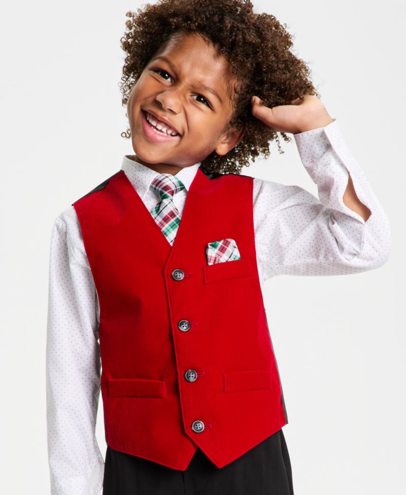 Boys' 2T-7 Red Velvet Vest, Shirt, Tie and Pants, 4-Piece Set