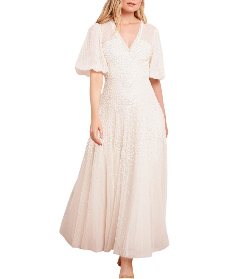 Women's Scallop Sequin V-neck Ankle Gown