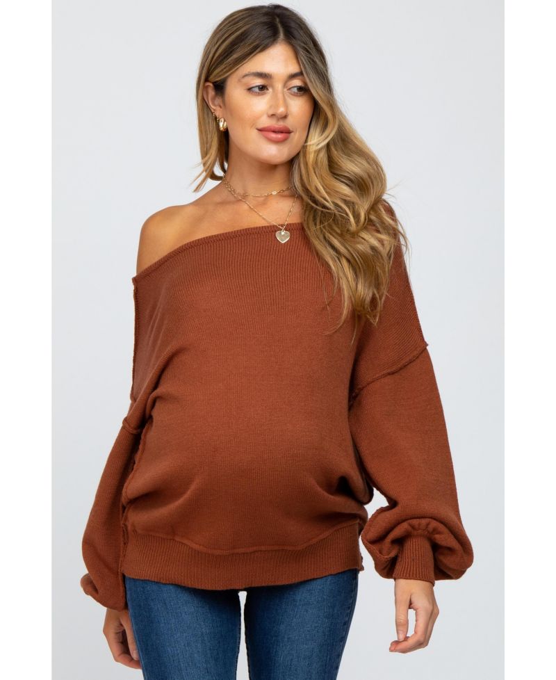 Women's Camel Boat Neck Bubble Sleeve Sweater