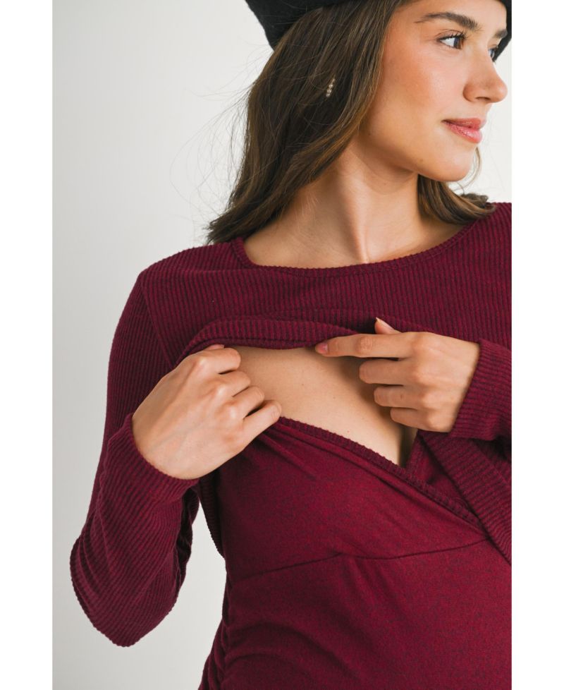 Women's Long Sleeve Ribbed Side Ruched Nursing Dress