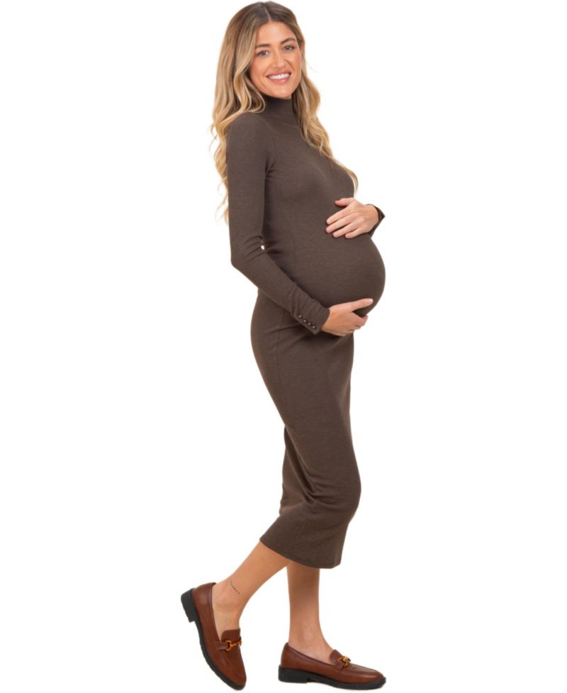 Women's Brown Turtle Neck Long Sleeve Rib Fitted Midi Dress