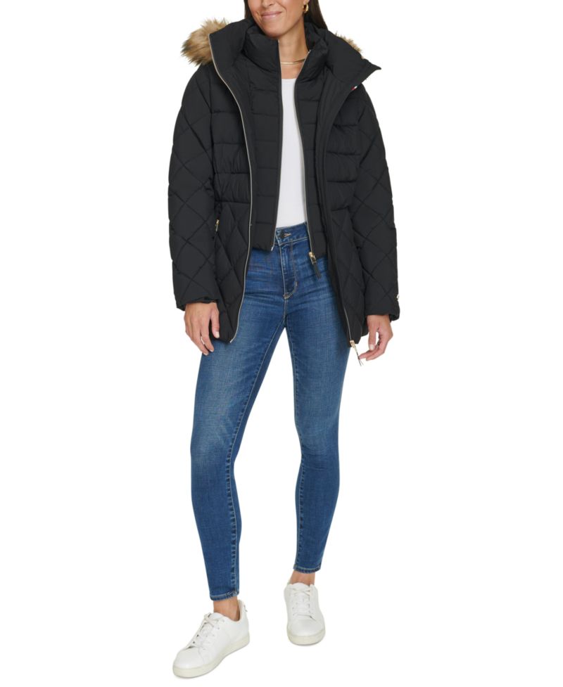 Women's Bibbed Faux-Fur-Trim Hooded Puffer Coat