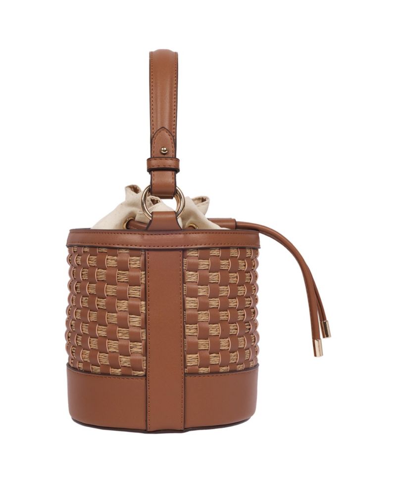 Raffia and Woven Drawstring Bucket Bag - Convertible Top Handle and Crossbody