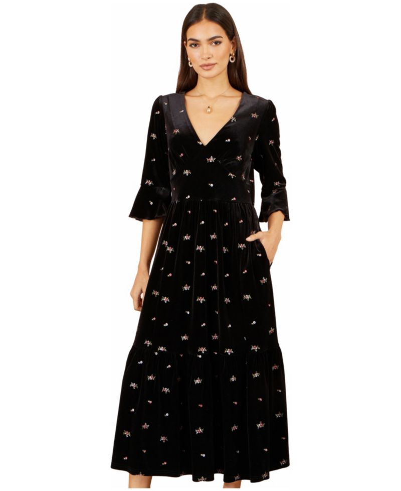 Women's Velvet Embroidered V-Neck Midi Dress