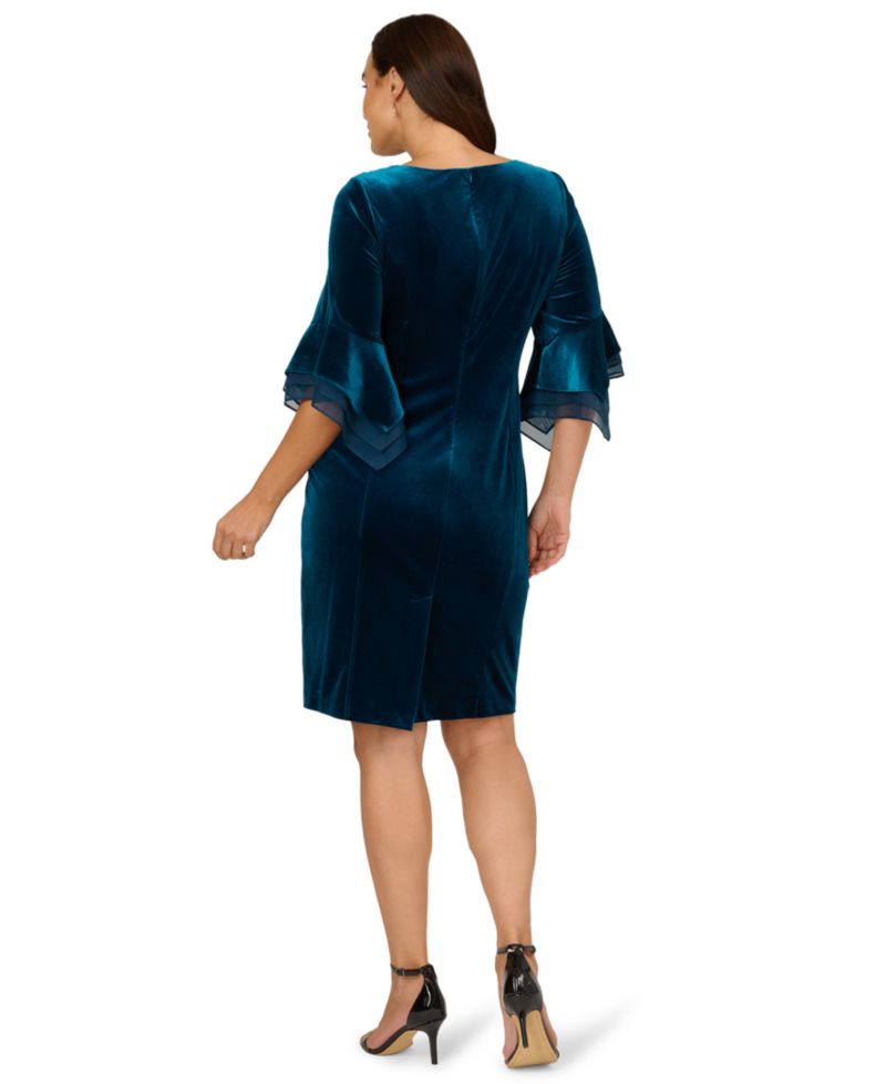 Plus Velvet Bell-Sleeve Mesh-Trim Dress