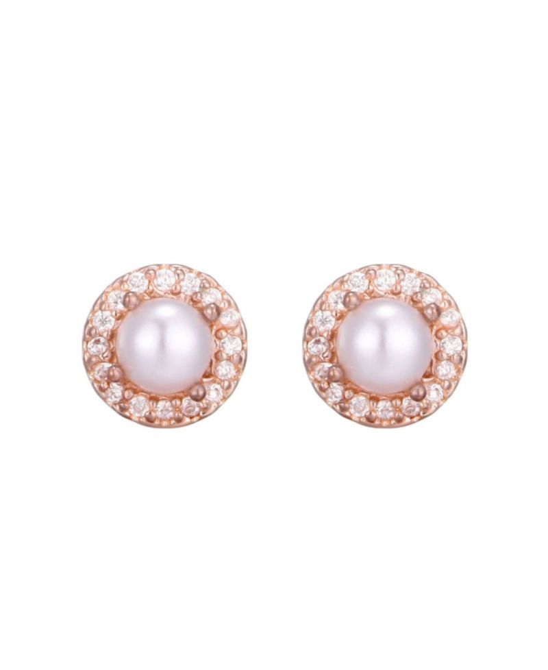 Rose Gold Freshwater Pearl CZ Halo Stud Earrings
