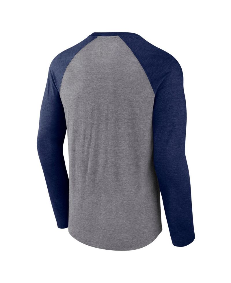 Men's Heather Gray/Heather Deep Sea Blue Seattle Kraken Goal Crease Raglan Tri-Blend Long Sleeve T-Shirt