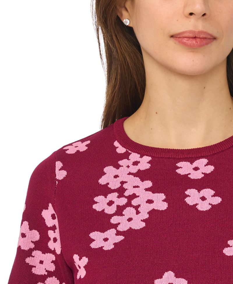 Women's Floral-Print Jacquard Short-Sleeve Sweater