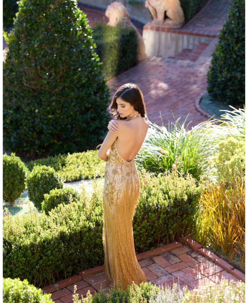 Women's Embellished Halter Gown with Fringe Slit