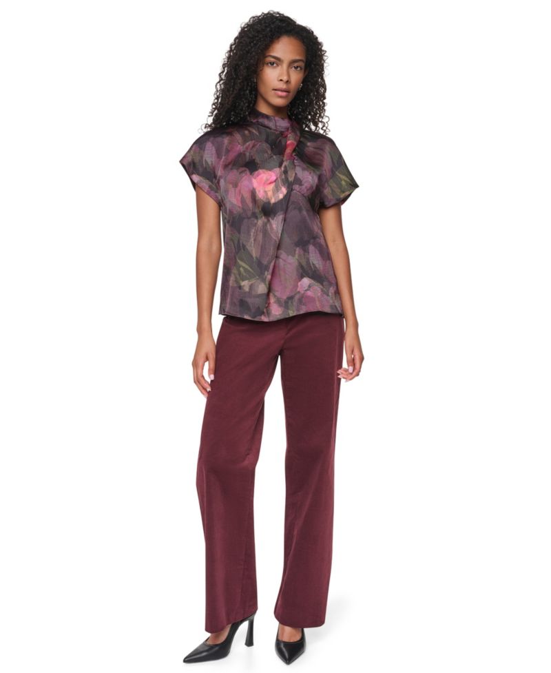 Women's Floral-Print Mock Neck Short-Sleeve Blouse