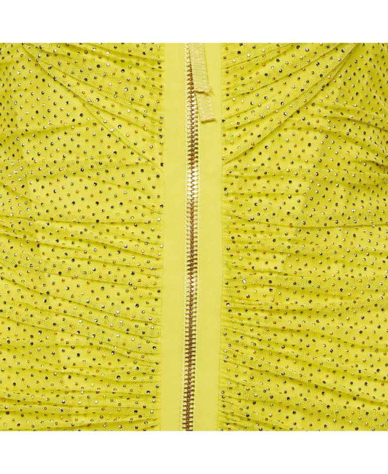 Women's Yellow Embellished Tulle And Jersey Ruche Mini Dress
