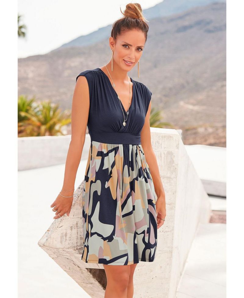 Women's Viscose Printed Look Wrap V-Neck Everyday Essential Short Dress