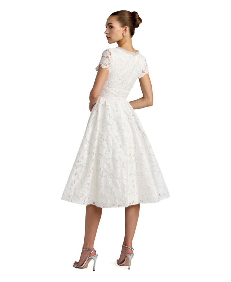 Women's Lace Embellished Cap Sleeves A Line Midi Dress