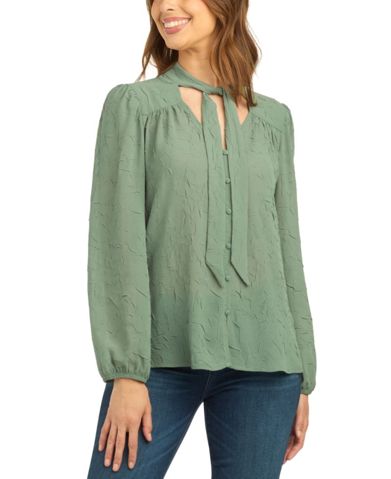 Juniors' Crinkle Button-Front V-Neck Long-Sleeve Blouse