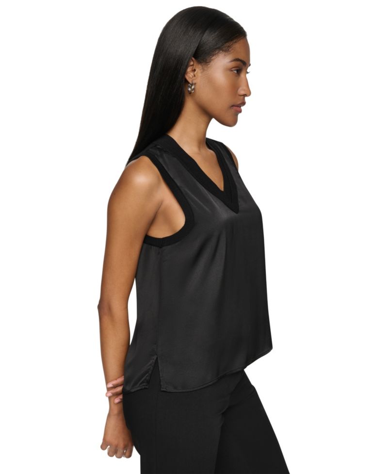 Petite Mix Media V-Neck Sleeveless Pull-On Top