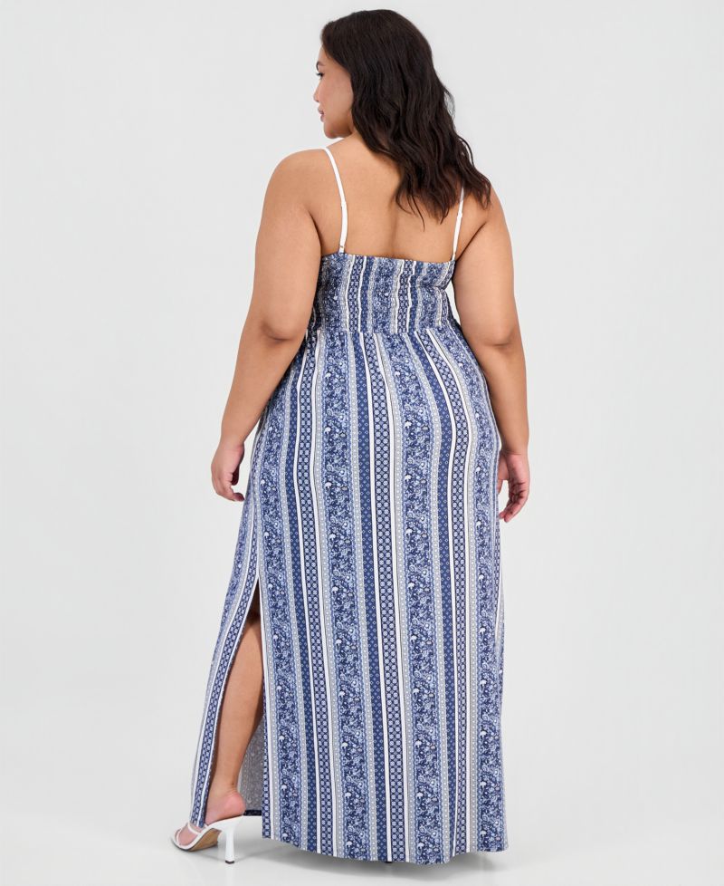 Trendy Plus Lace-Bodice Printed-Skirt Maxi Dress
