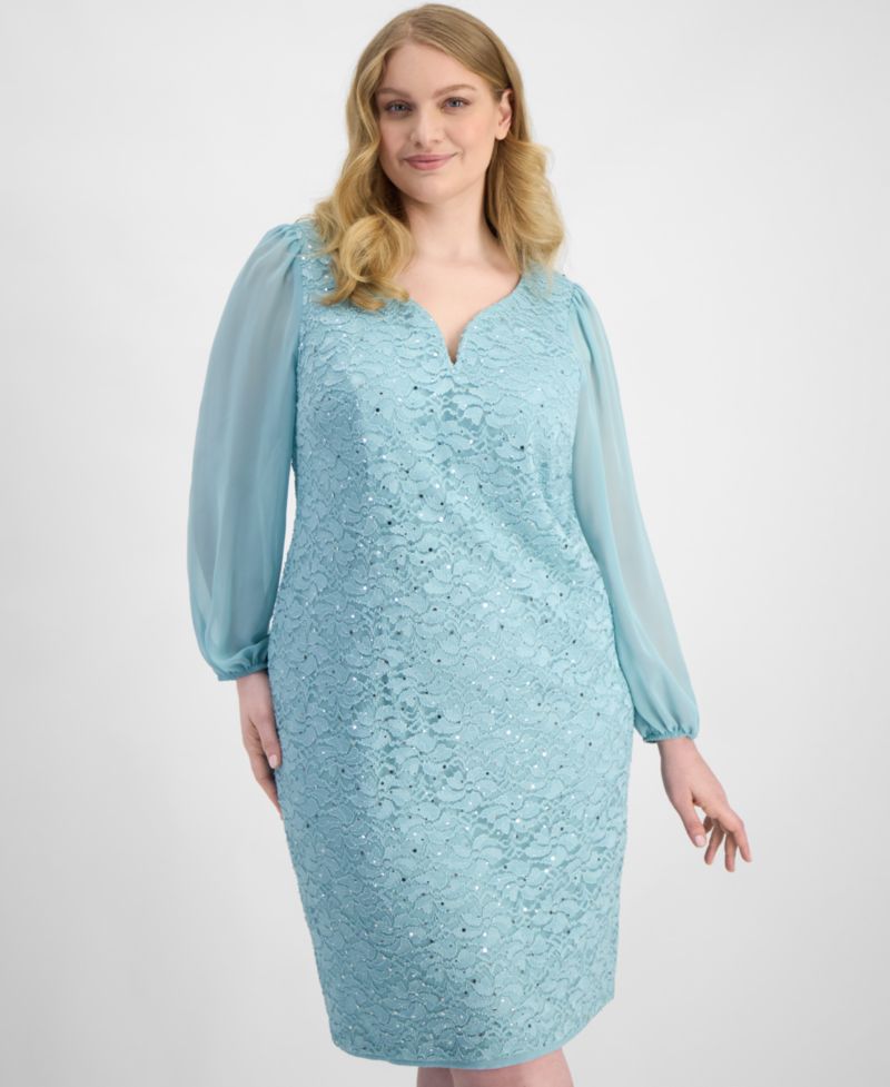 Petite Sequined Lace Blouson-Sleeve Dress