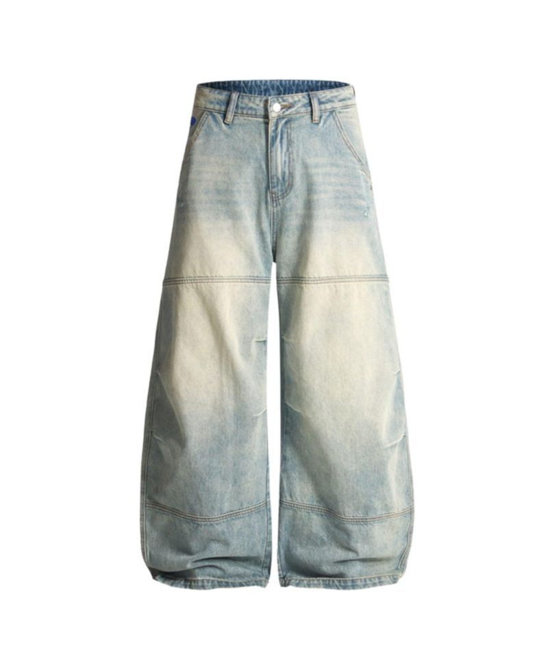 Men's Panel Baggy Barrel Light-Wash Distressed Jeans