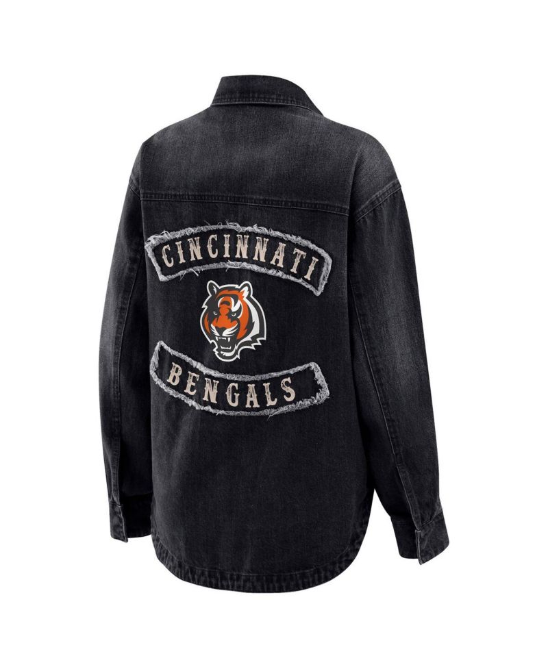 Women's Black Cincinnati Bengals Washed Oversized Denim Full-Snap Shacket