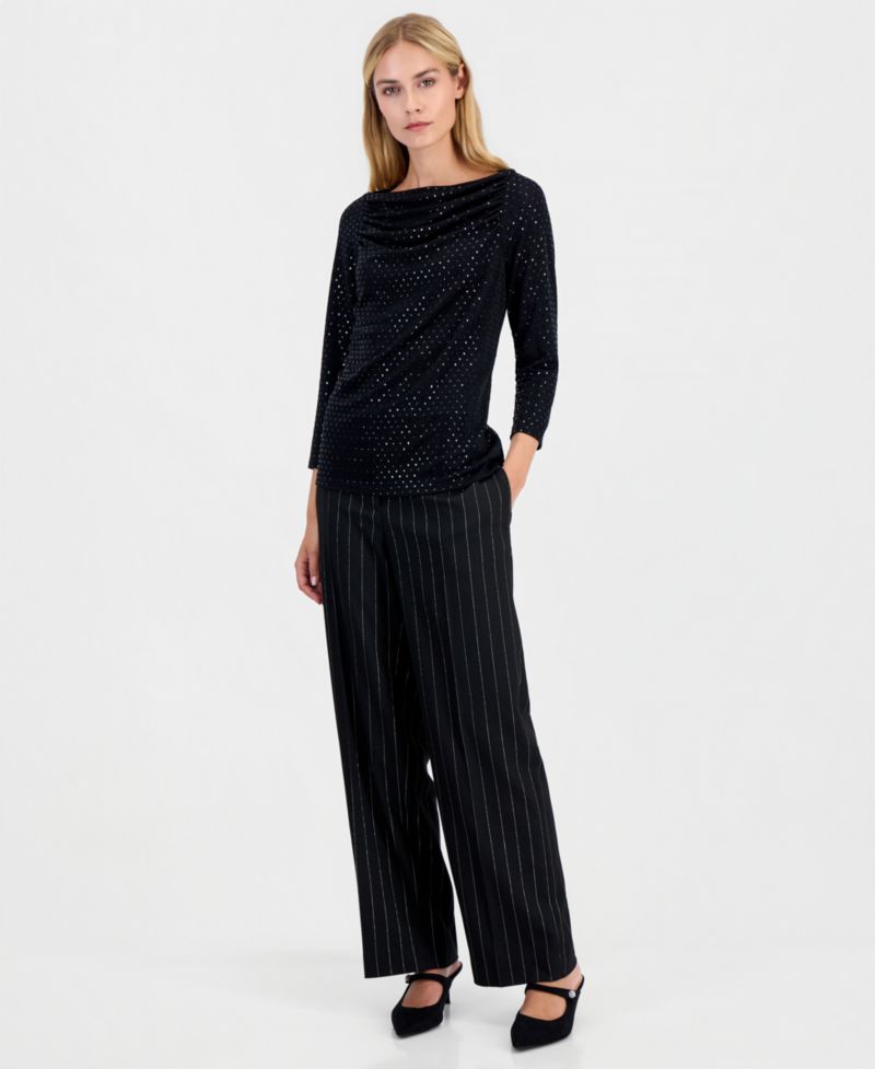 Women's Petite Allover-Sequin 3/4-Sleeve Boat Neck Blouse