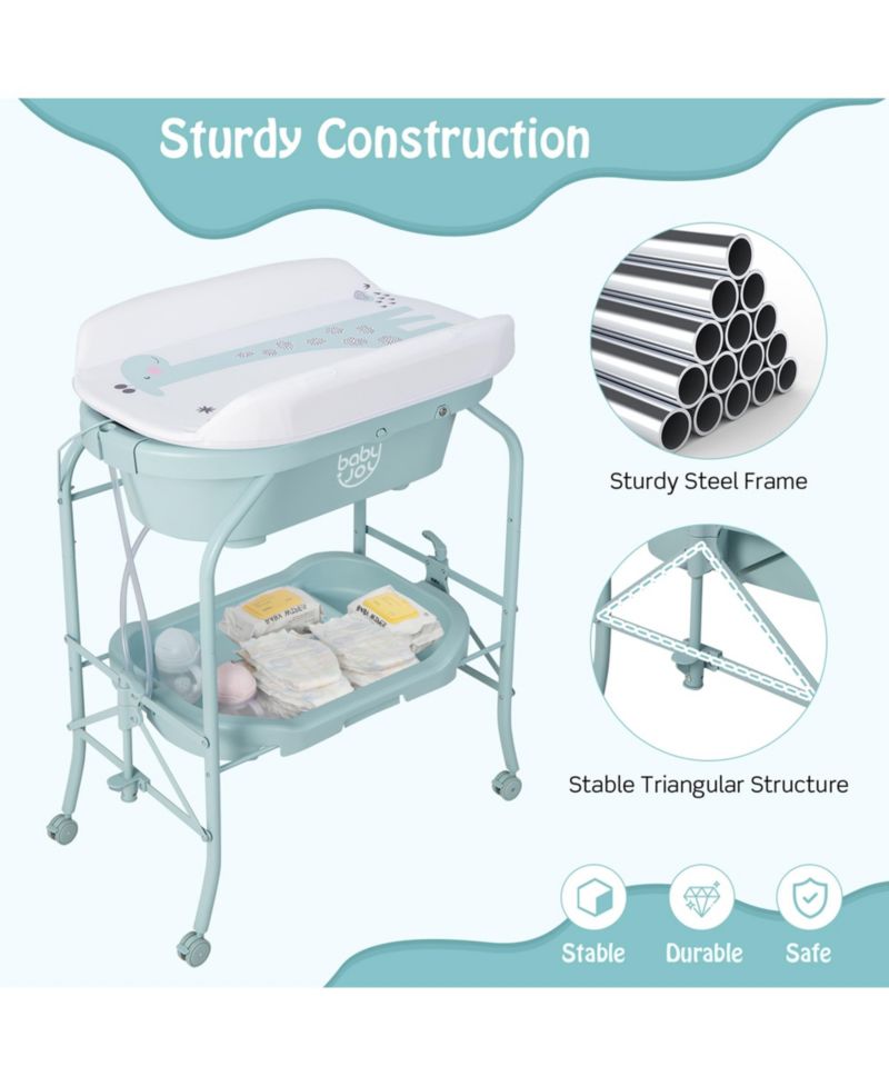 Baby Changing Table with Bathtub, Folding Diaper Station with Wheels