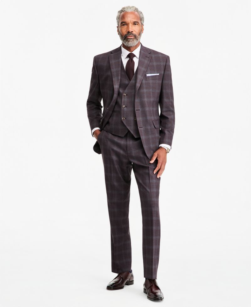 Men's Classic-Fit Burgundy Plaid Suit Separate Double-Breasted Vest