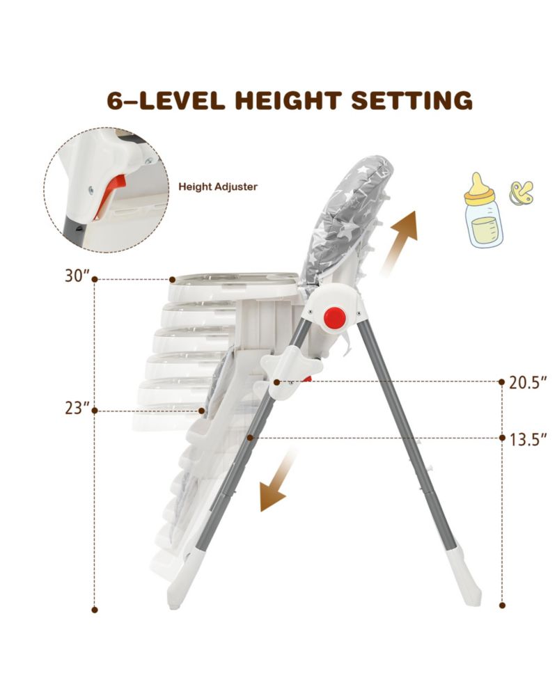 Toddler Folding High Chair Dining Chair w/ 6-Level Height Adjustment