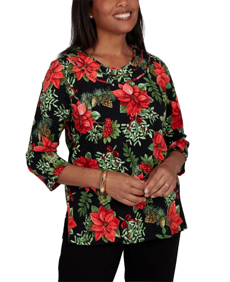 Petite Cardinals On Branches 3/4-Sleeve Floral-Print Top