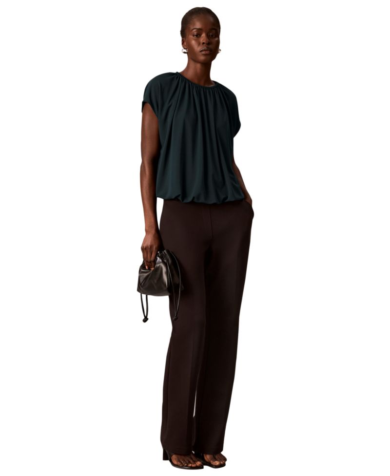 petite Shirred Extended-Shoulder Short-Sleeve Blouse