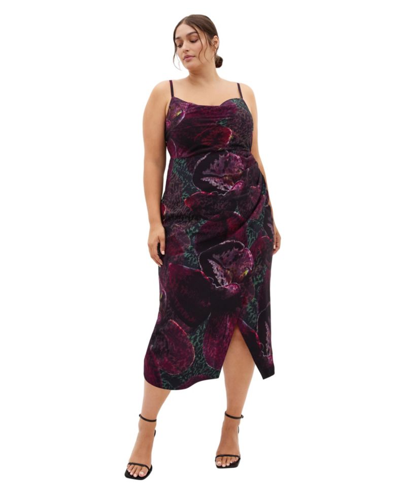 Plus Size Marisol Orchid Print Cowl Neckline Midi Dress