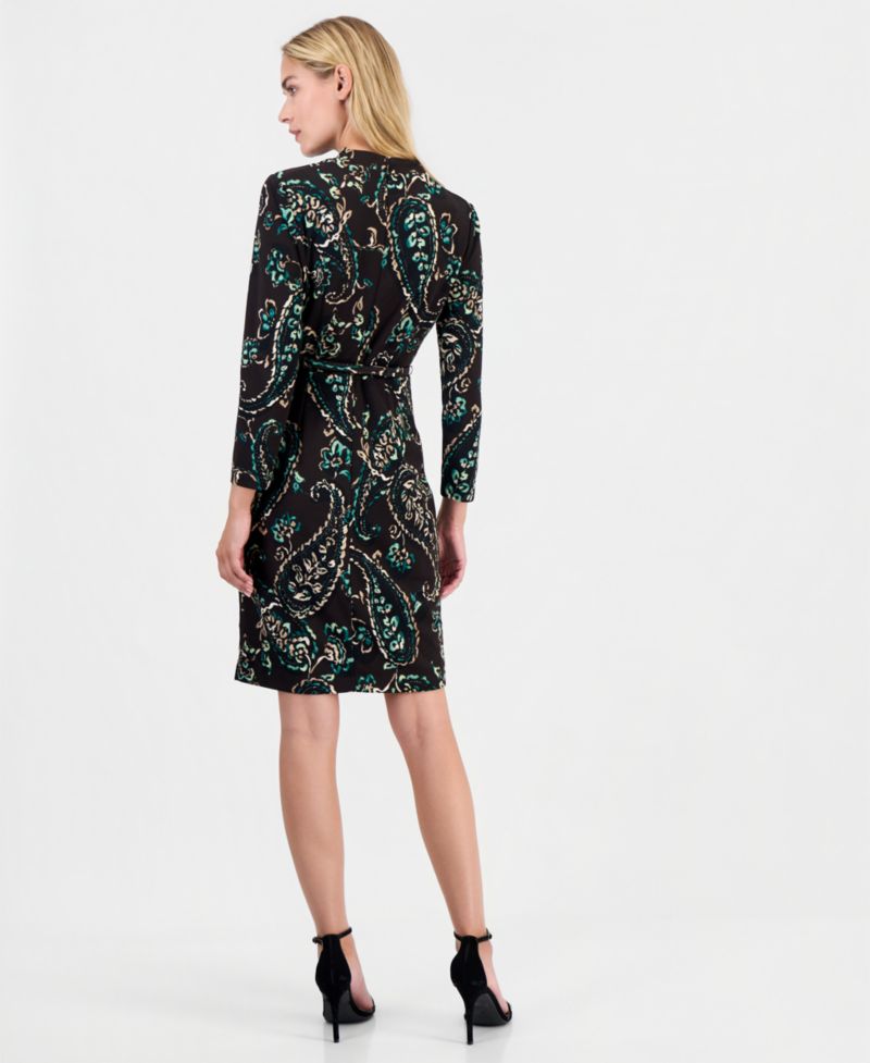 Women's Cowl Neck Sheath Long-Sleeve Paisley-Print Dress