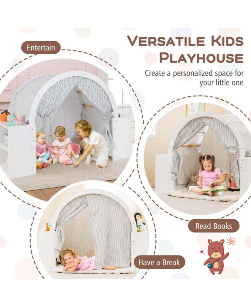Wooden 8-Cubby Storage Playhouse with Curtain Shades