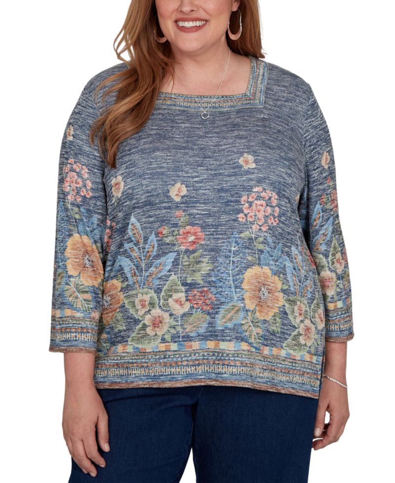 Plus Size Floral 3/4-Sleeve Square-Neck Top