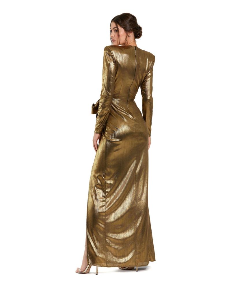 Women's Metallic Jersey Long Sleeve Gown With Bow