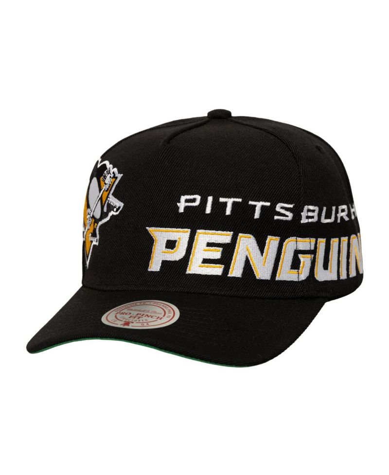 Men's Black Pittsburgh Penguins Busted Logo Wordmark Wrap-Around Pro Pinch Adjustable Hat