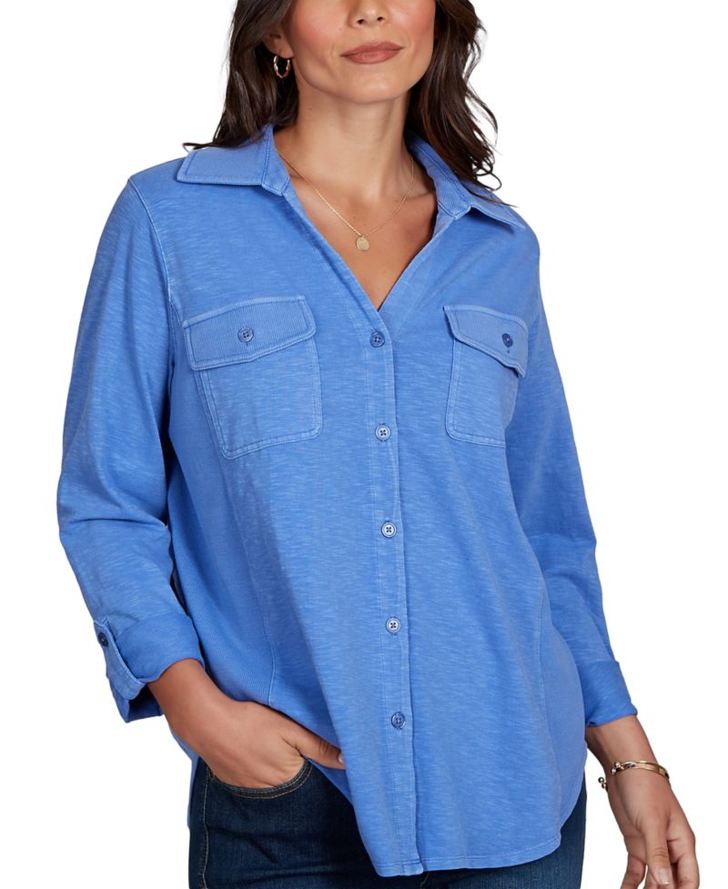 Petite Rib Trim Button-Front Knit Top