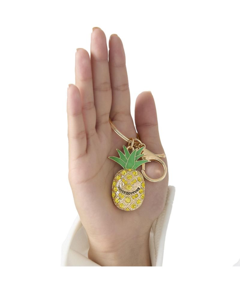 Crystal Pineapple Keychain, Gold Tone with Green Enamel Leaves