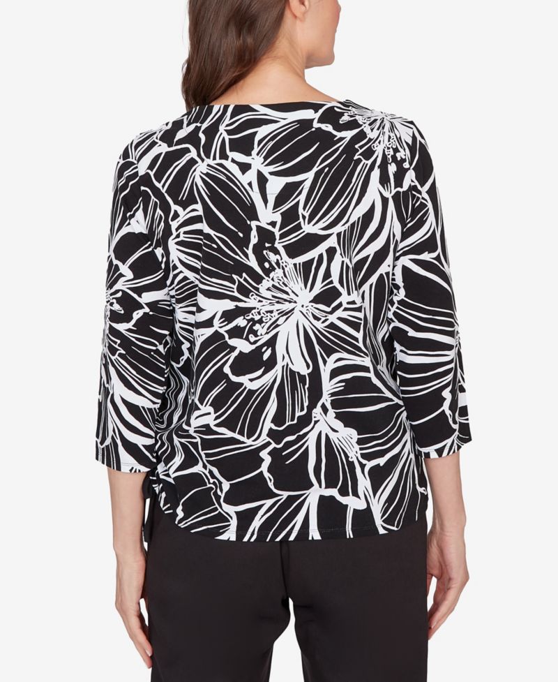 Petite Classic Floral Linework Side Tie Ruched Top